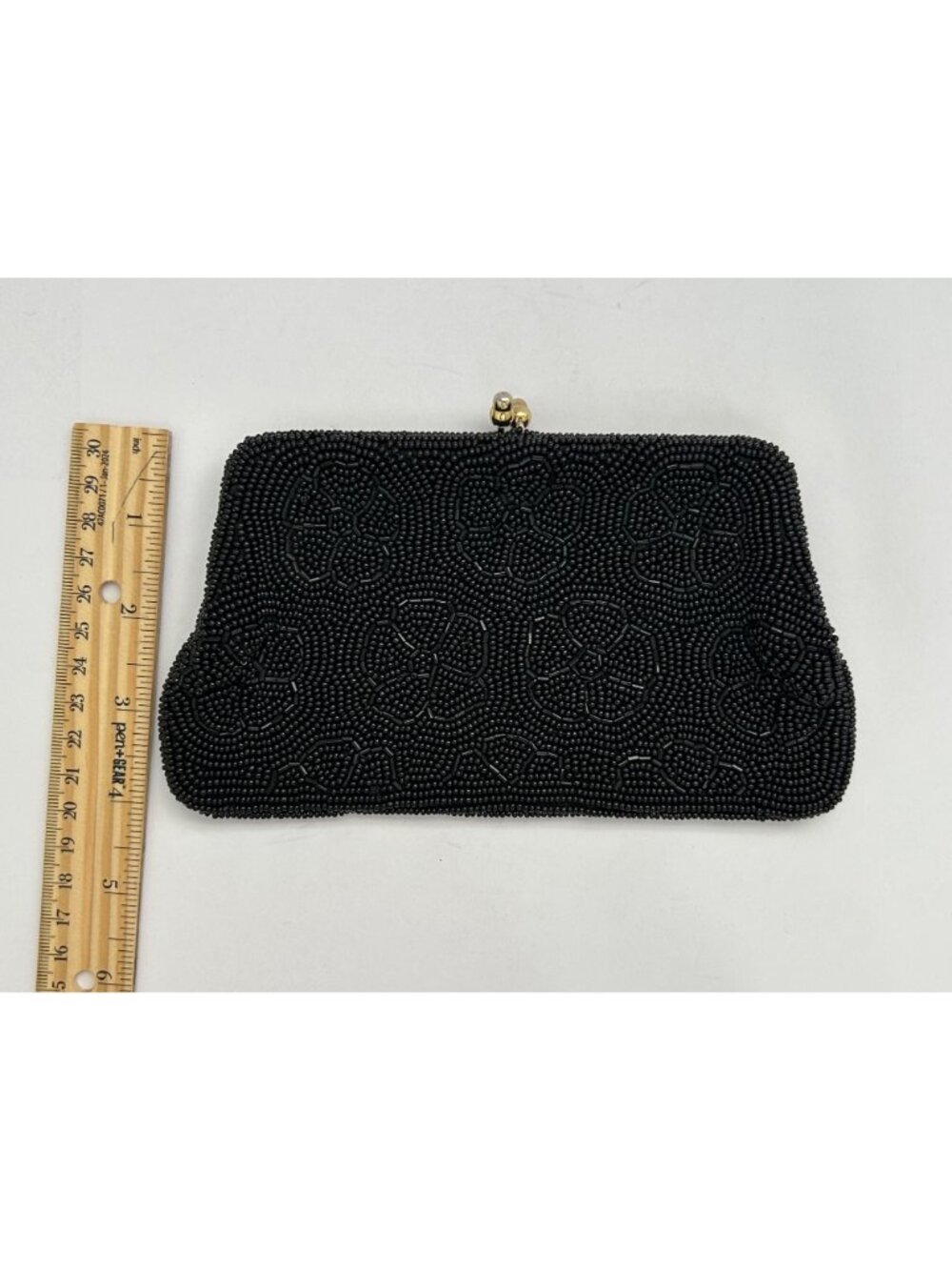 MCM Art Deco Glam Black Beaded Floral Clutch Evening Cocktail Purse Kiss Lock - Picture 5 of 8